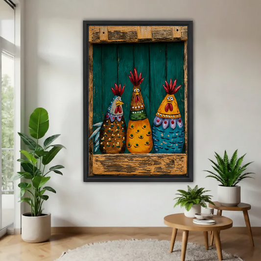 Folk art colorful rooster trio framed canvas wall art – funny farmhouse chicken print with rustic wood frame