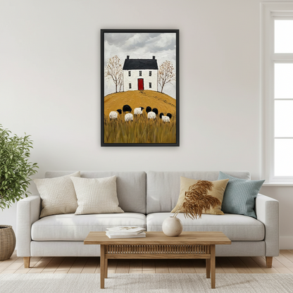 Black-framed cottage and sheep canvas wall art featuring a red door and golden meadow beside a bed.