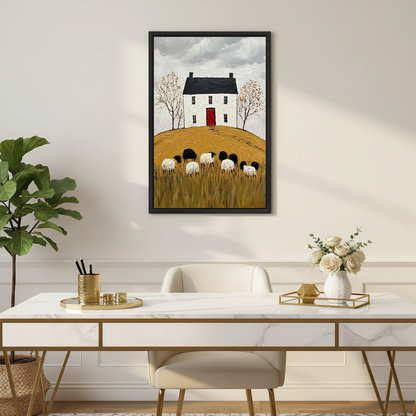 Woman holding black-framed folk art cottage and sheep canvas wall art while seated on a cream sofa.