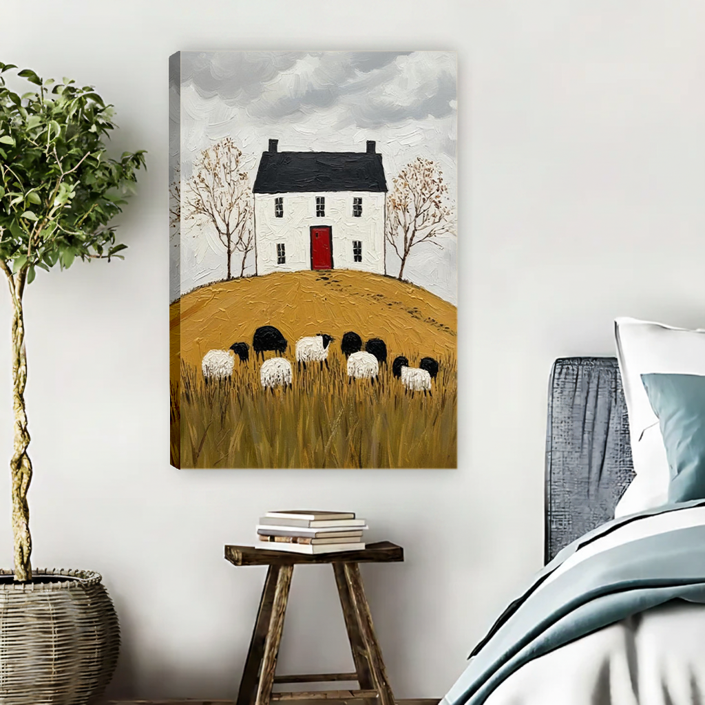Framed folk art cottage and sheep canvas wall art above a cream sofa in a bright living room.