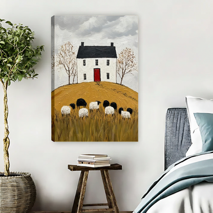 Framed folk art cottage and sheep canvas wall art above a cream sofa in a bright living room.