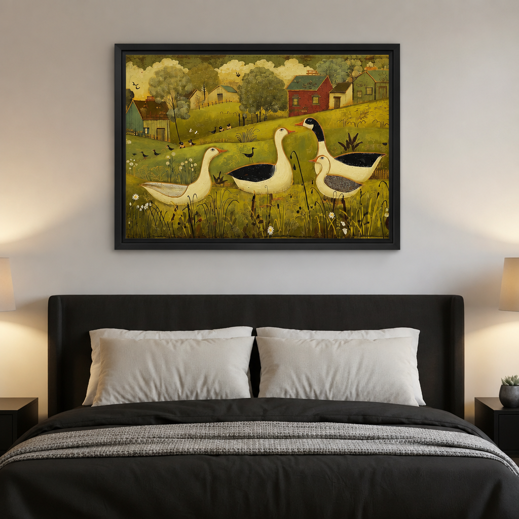 Black-framed folk art country geese canvas wall art hanging above a dark headboard with white pillows.
