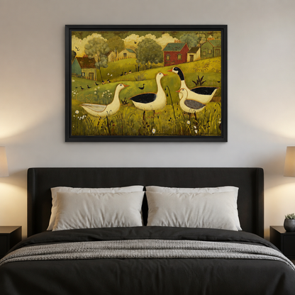 Black-framed folk art country geese canvas wall art hanging above a dark headboard with white pillows.
