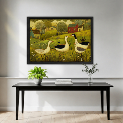 Folk art country geese canvas wall art in a black frame above a black console with plants.