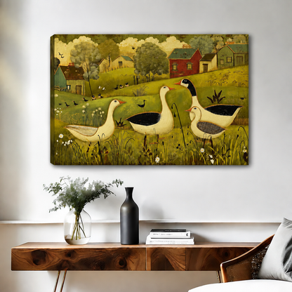 Unframed folk art country geese canvas wall art with visible wrapped edges above a wooden console.