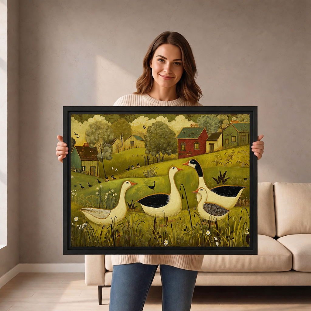 Woman holding black-framed folk art country geese canvas wall art featuring four geese and colorful rural houses.