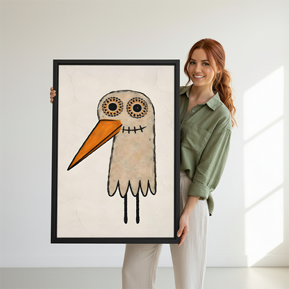 Woman holding large framed folk art creepy cute bird canvas print to show size scale against bright white background