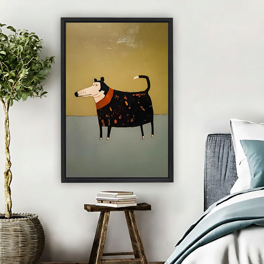 Folk art framed canvas wall art of a dachshund in a dark floral coat with red collar hung beside a bed in a boho bedroom