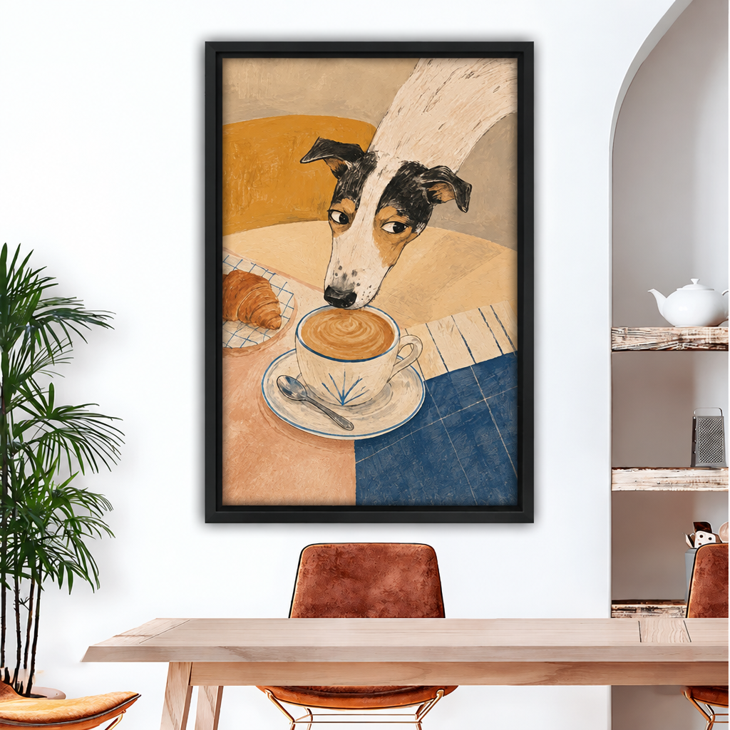 Folk art dog coffee canvas wall art in a black frame above a wooden dining table with tan chairs