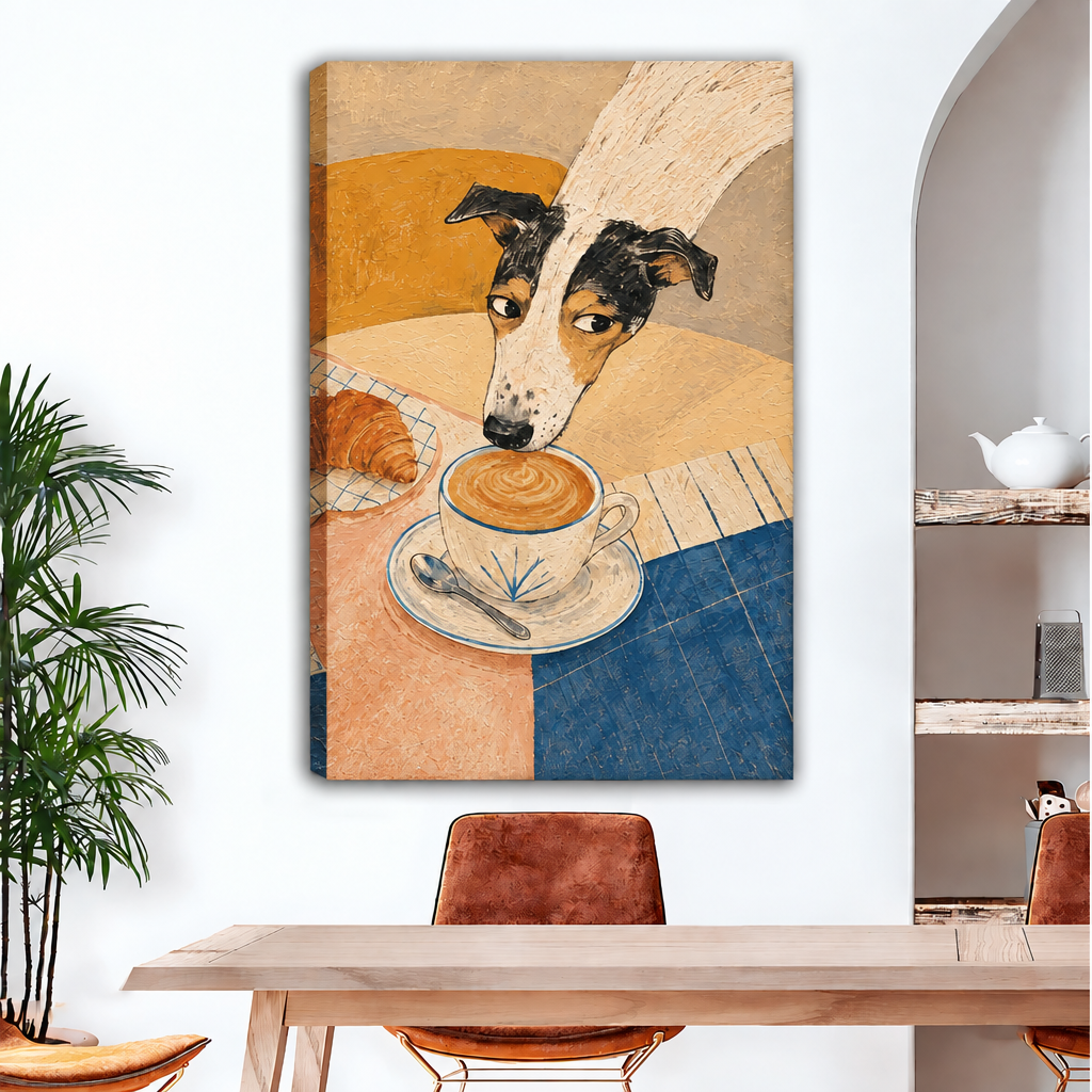 Unframed gallery-wrap folk art dog coffee canvas wall art with wrapped edges over a dining table