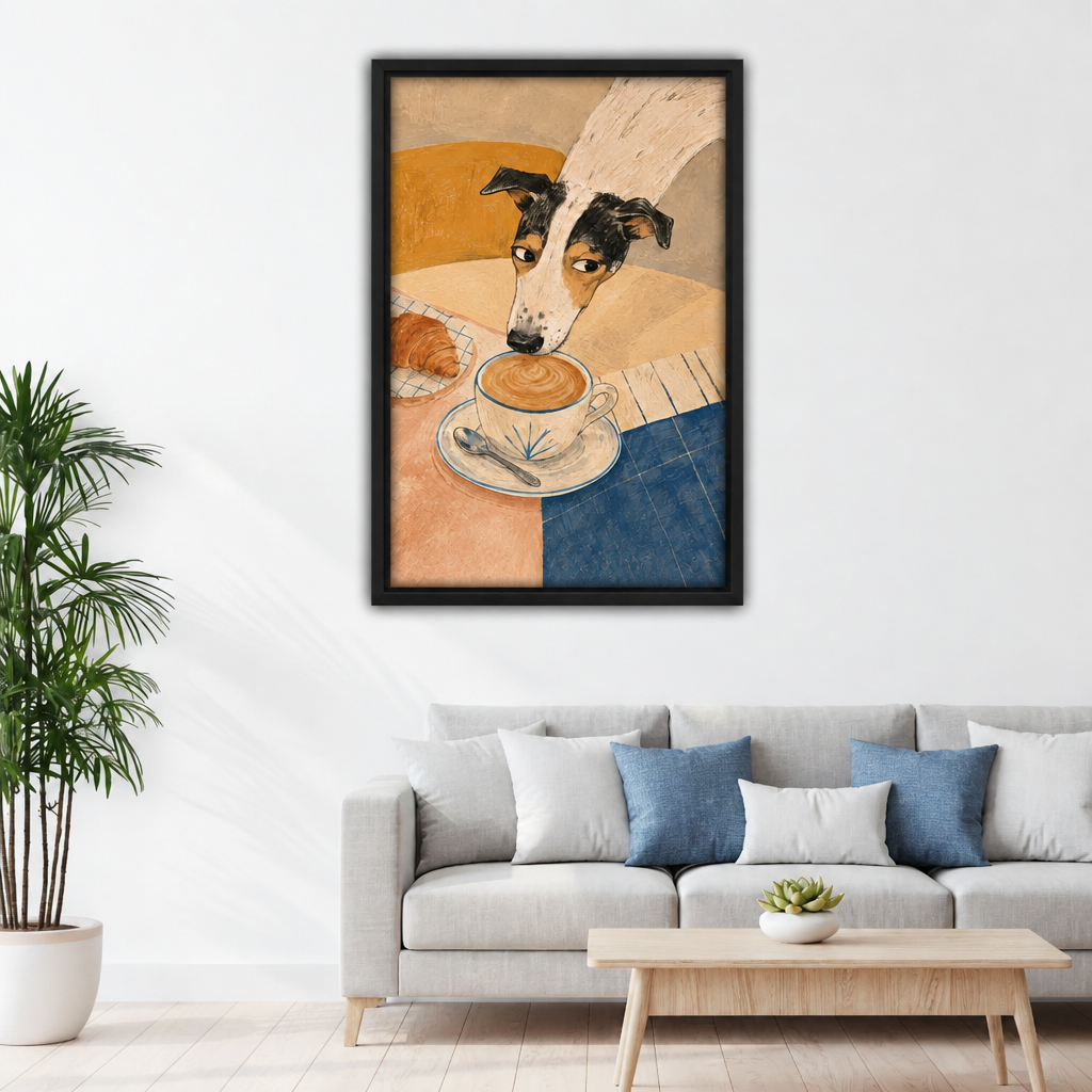 Framed folk art dog coffee canvas wall art above a grey sofa with blue and white cushions