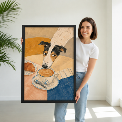 Smiling woman holding framed folk art dog coffee canvas wall art to show its real size