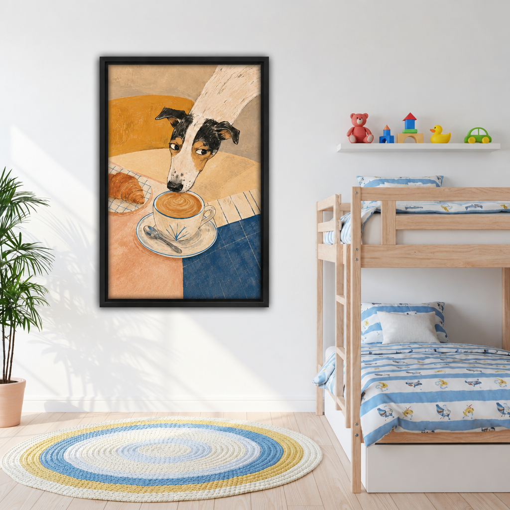 Folk art dog coffee canvas wall art hanging in a sunny kids room beside a wooden bunk bed