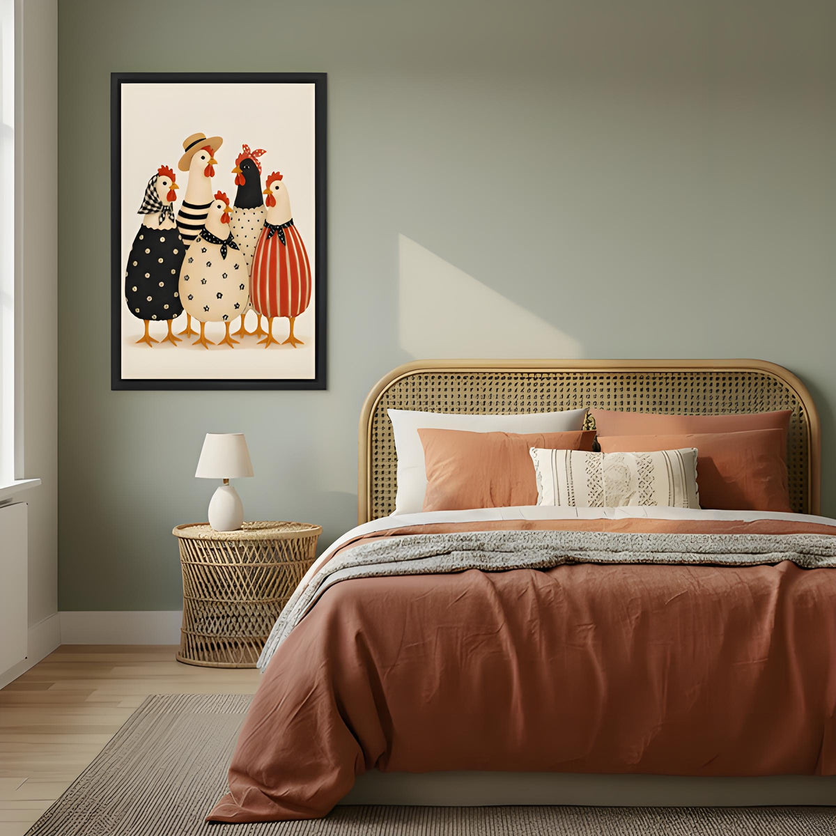 Whimsical folk art dressed hens framed canvas wall art on sage green wall beside rattan headboard with terracotta bedding