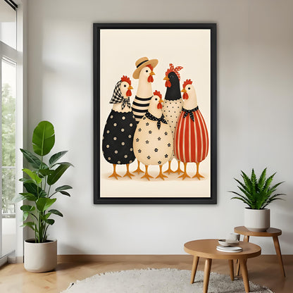 Whimsical folk art dressed chickens in polka dot and stripe outfits black framed canvas wall art on white wall with tropical plants
