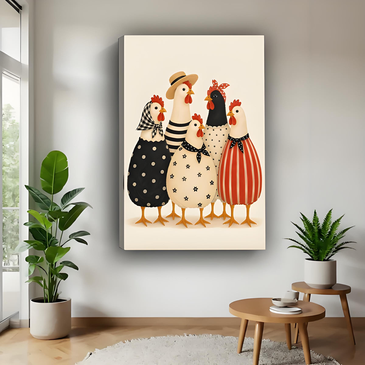 Folk art funny dressed hens gallery wrap canvas wall art on white wall with green plants and round wood side table
