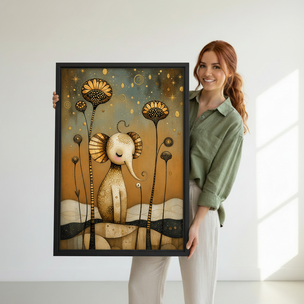 Person holding a large folk art elephant canvas wall art print with black frame against a clean white background