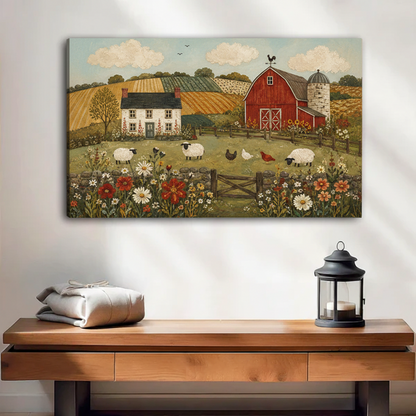 Gallery-wrap folk art farm landscape canvas featuring a red barn, farmhouse, sheep, chickens, and wildflowers.
