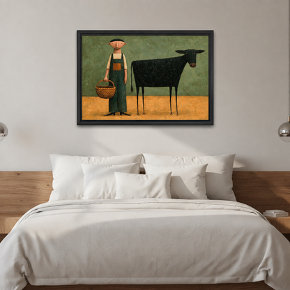 Framed folk art farmer and black cow canvas wall art displayed above a bed with white bedding.