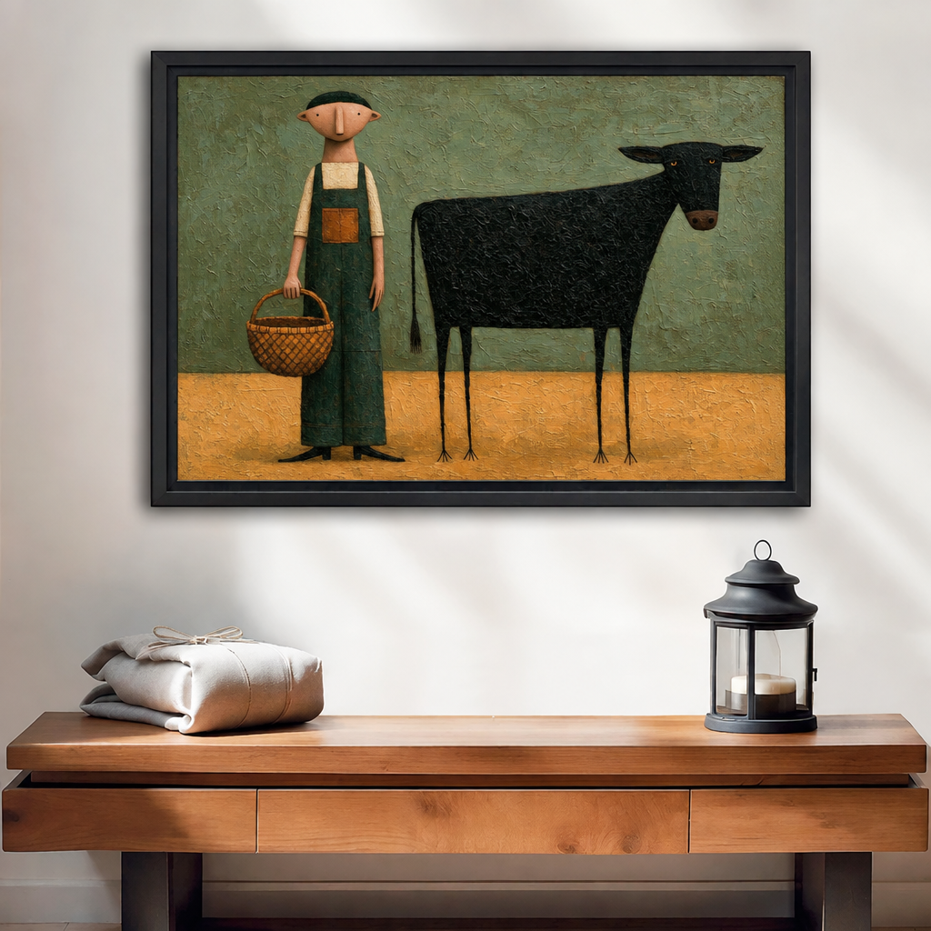 Framed folk art farmer and black cow canvas wall art displayed above a wooden console.