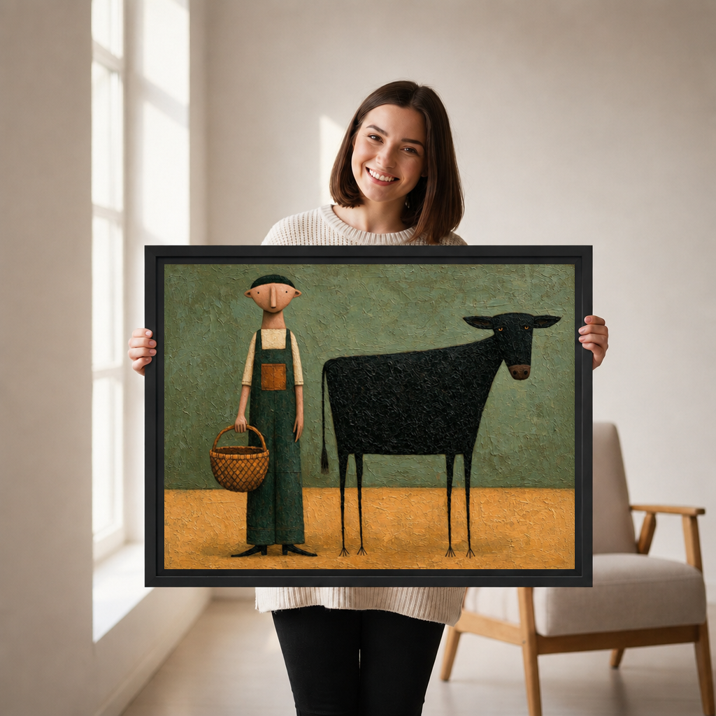 Woman holding framed folk art farmer and black cow canvas wall art to show its scale.