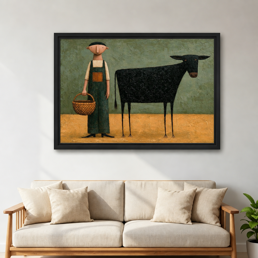 Framed folk art farmer and black cow canvas wall art displayed above a light-colored sofa.