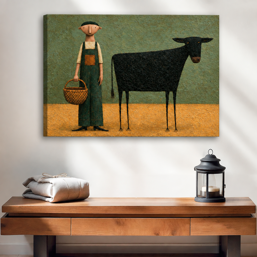 Unframed folk art farmer and black cow canvas wall art displayed above a wooden console.