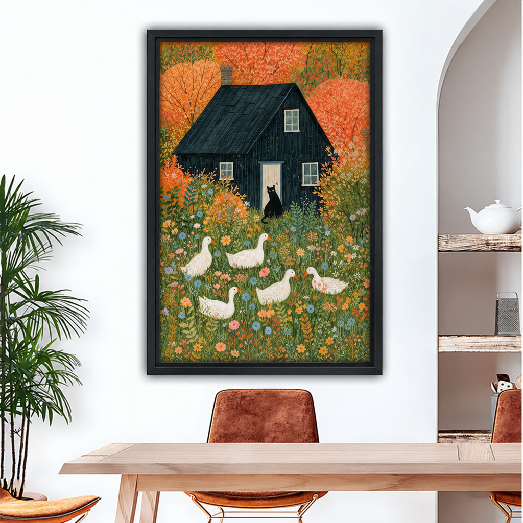 Framed folk art farmhouse canvas wall art with a black cat, white geese, and autumn flowers in a dining room.