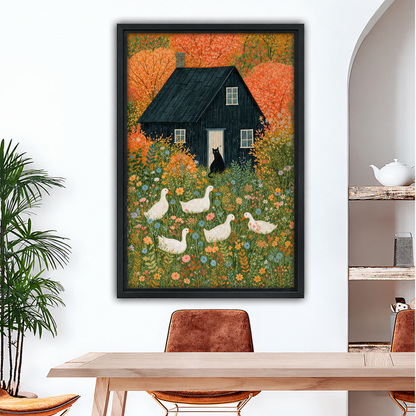 Framed folk art farmhouse canvas wall art with a black cat, white geese, and autumn flowers in a dining room.