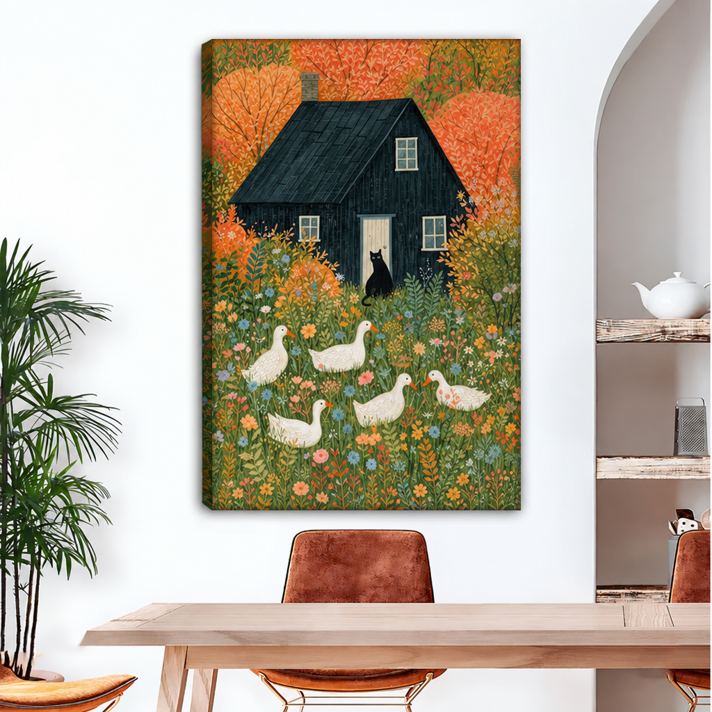 Gallery-wrap folk art farmhouse canvas wall art with a black cottage and white geese displayed above a dining table.
