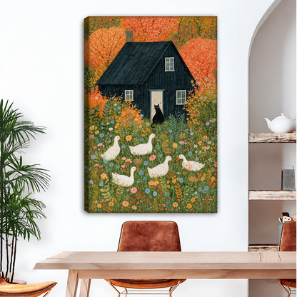Gallery-wrap folk art farmhouse canvas wall art with a black cottage and white geese displayed above a dining table.