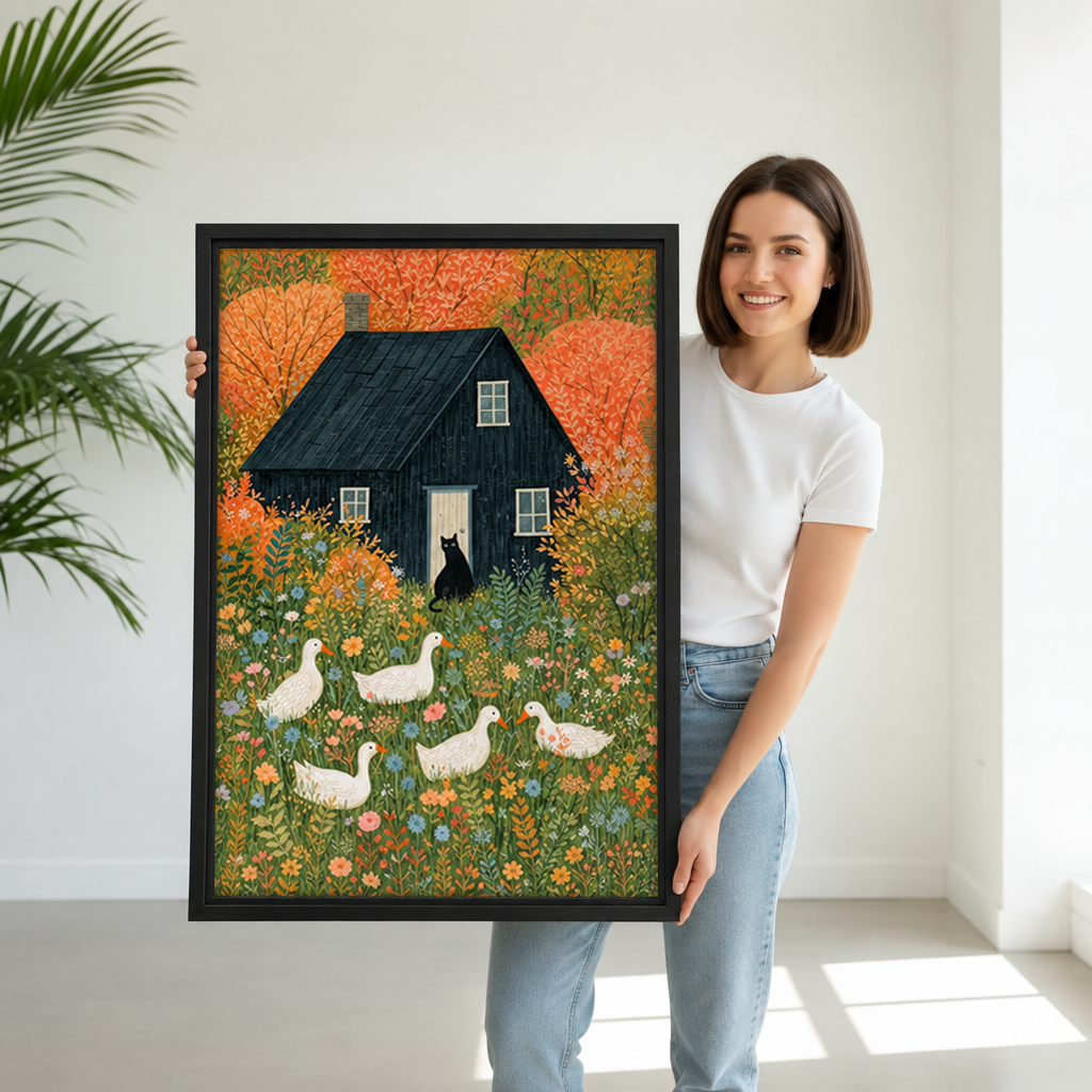 A woman holds folk art farmhouse canvas wall art showing a black cottage surrounded by autumn blooms and white geese