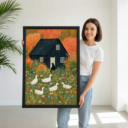 A woman holds folk art farmhouse canvas wall art showing a black cottage surrounded by autumn blooms and white geese
