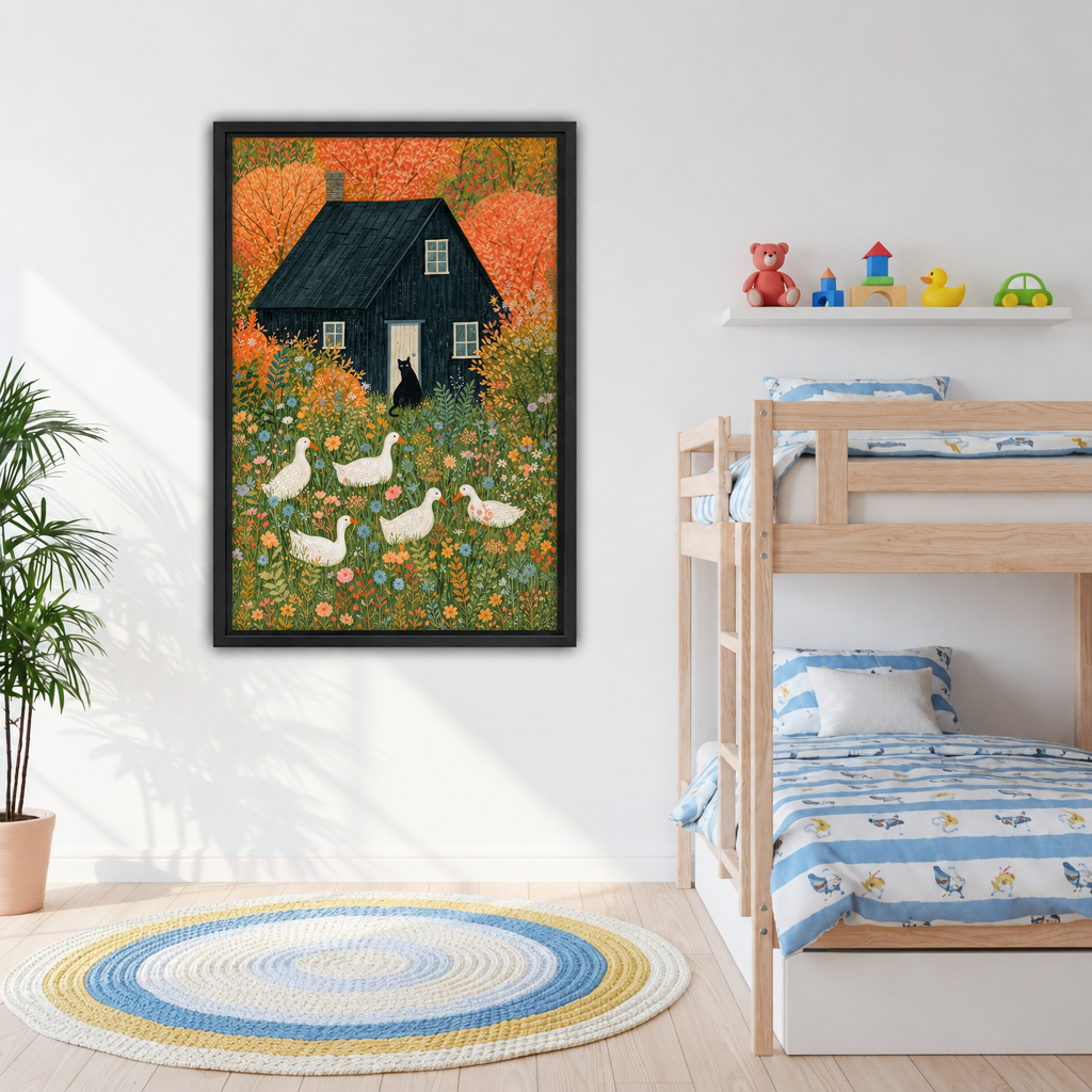 Folk art farmhouse canvas wall art with a black cottage, garden flowers, and white geese displayed beside a children's bunk bed.