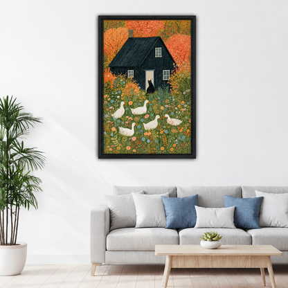 Folk art farmhouse canvas wall art featuring a black cottage and white geese above a living room sofa.