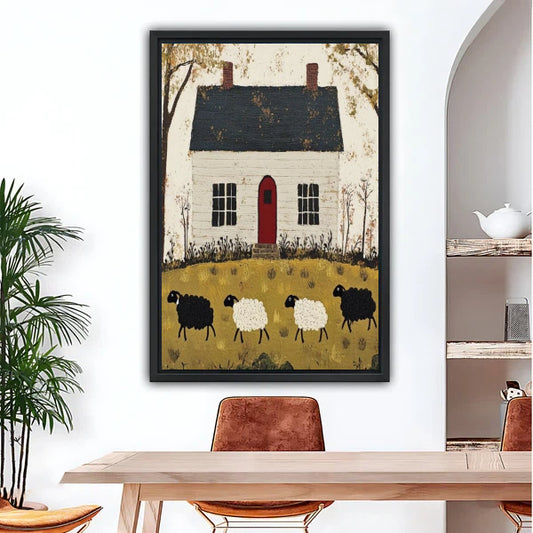 Primitive folk art farmhouse sheep black framed canvas wall art above wooden dining table with arch doorway