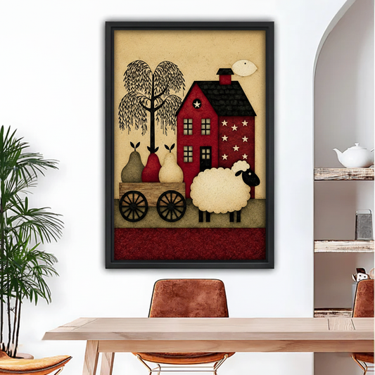 Framed American folk art farmhouse sheep canvas wall art with black frame above dining table
