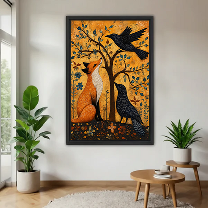 Folk art fox and raven botanical framed canvas wall art displayed on white wall in minimalist living room with indoor plants
