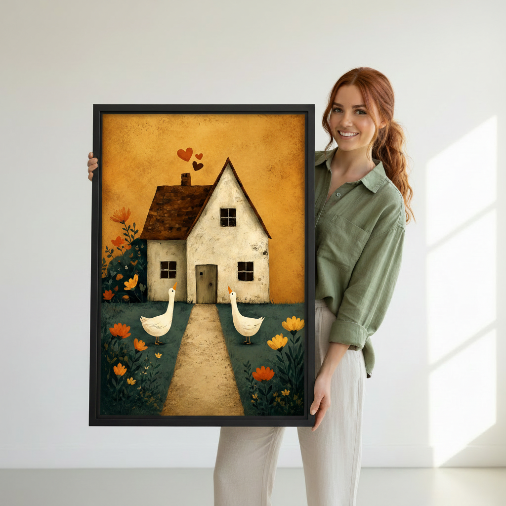 Person holding large black framed folk art farmhouse geese canvas print against clean white wall