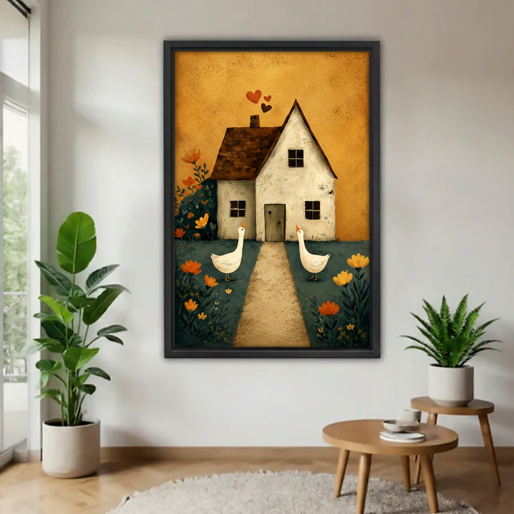 Black framed folk art farmhouse geese canvas wall art hanging in minimalist living room with indoor plants