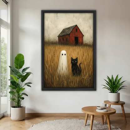 Folk art ghost and black cat golden wheat field framed canvas wall art on white wall in living room with tropical plants
