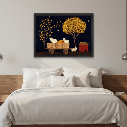  Black-framed folk art harvest sheep canvas wall art above white bedding and a wooden headboard.
