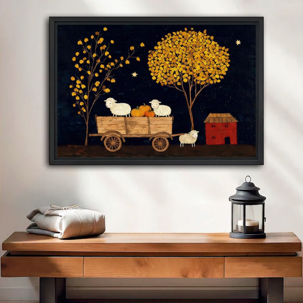  Black-framed folk art harvest sheep canvas wall art displayed above a wooden bench beside a black lantern