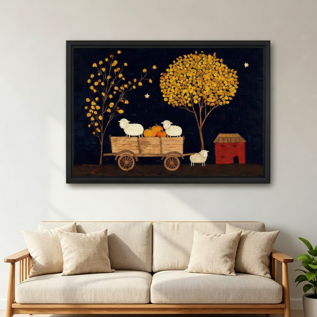 Folk art harvest sheep canvas wall art in a black frame above a cream sofa beside a green plant.