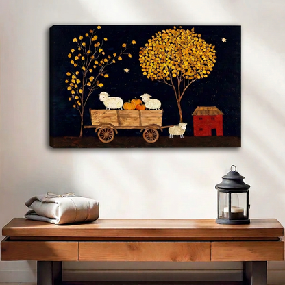 Unframed folk art harvest sheep canvas wall art with pumpkins and golden trees above a wooden bench.