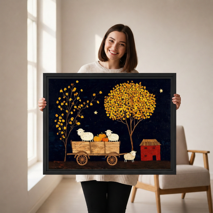 Smiling woman holding black-framed folk art harvest sheep canvas wall art featuring a pumpkin wagon and golden autumn trees.