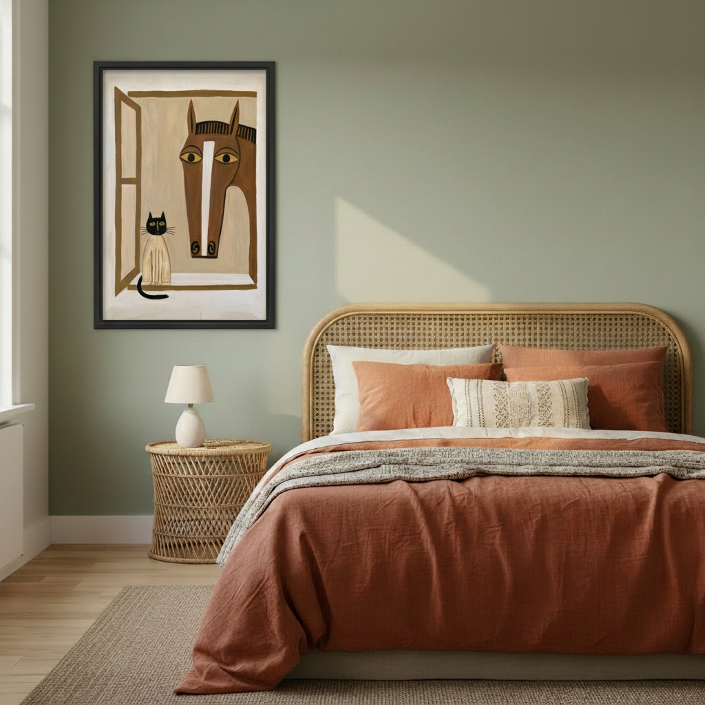 Folk art horse and cat canvas wall art in a black frame beside a rattan bed against a green wall
