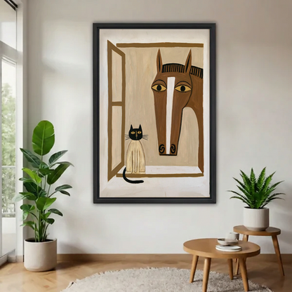 Black-framed folk art horse and cat canvas wall art in cream and brown displayed between potted plants.