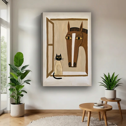 Folk art horse and cat canvas wall art with visible wrapped edges displayed between plants beside wooden tables.