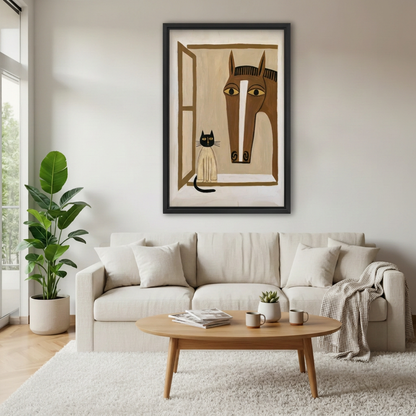 Folk art horse and cat canvas wall art in a black frame above a cream sofa in a bright living room.